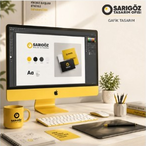 Ekranında logo ve kartvizit tasarımı açık olan bilgisayar