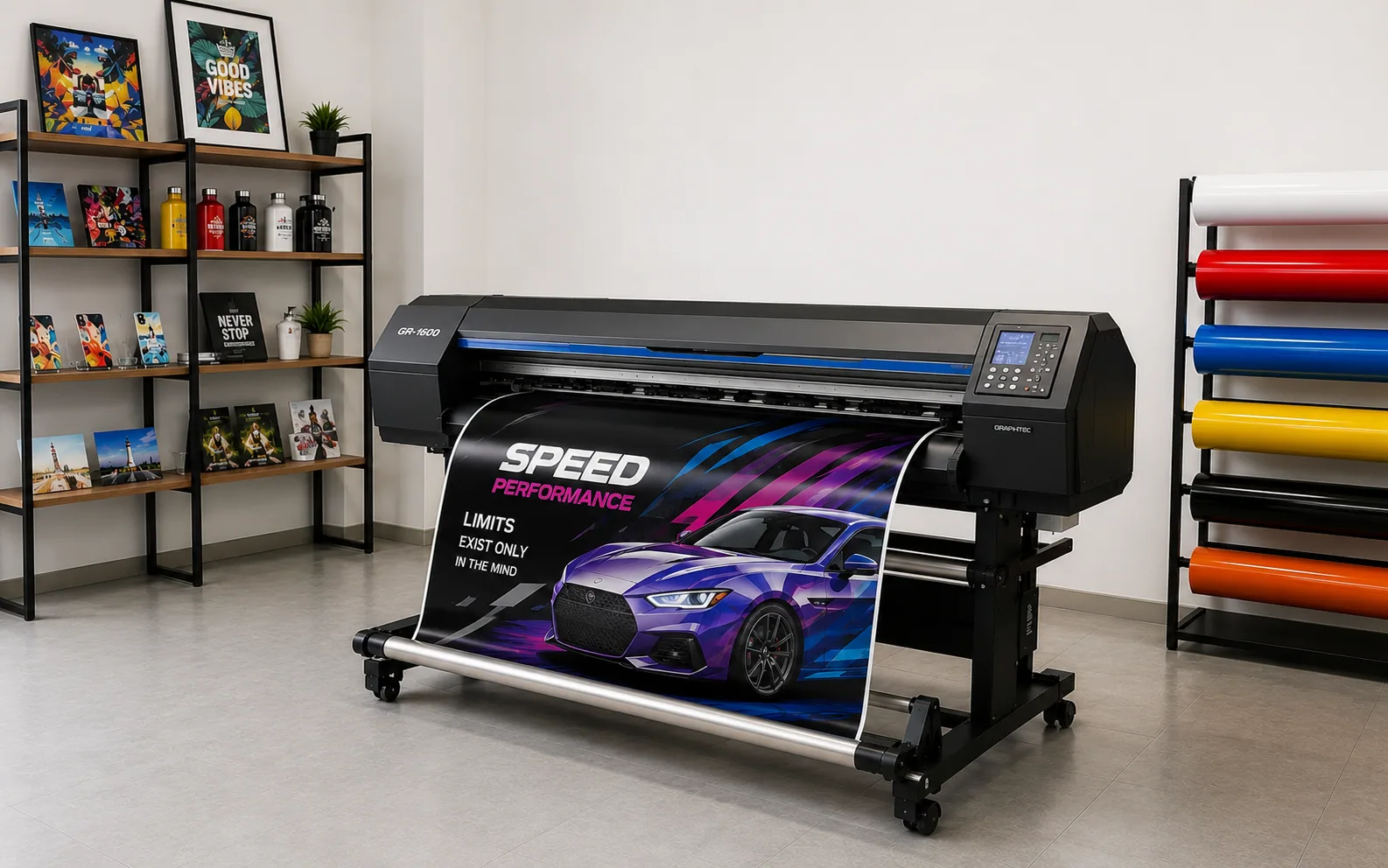 Geniş format dijital baskı makinesinden çıkan afiş