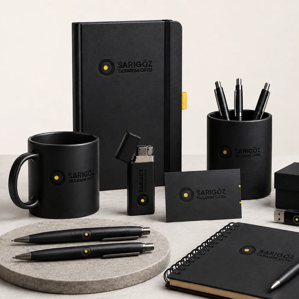 Logolu siyah defter, kupa, kalem ve termos gibi promosyon ürünleri
