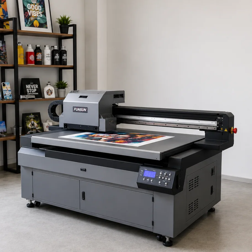 Atölyede UV baskı makinesi