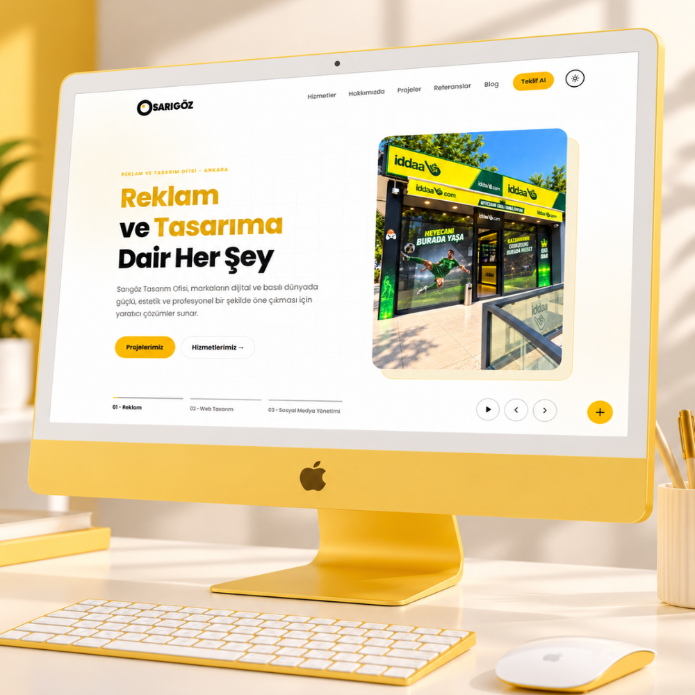 Ekranında kurumsal web sitesi tasarımı açık olan sarı bilgisayar